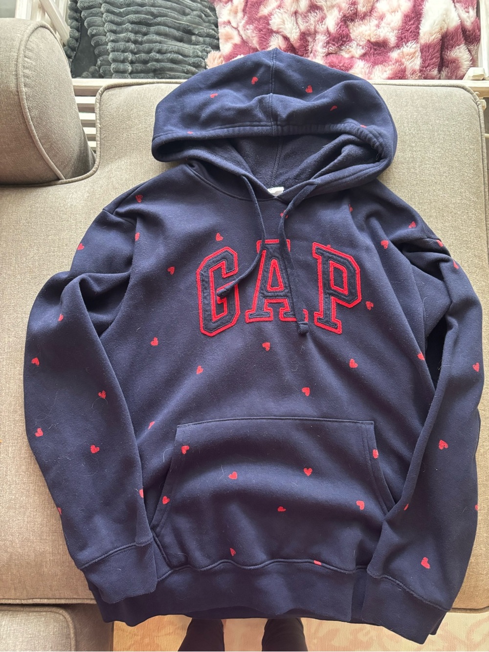 GAP Navy Blue Hoodie with Red Heart Accents